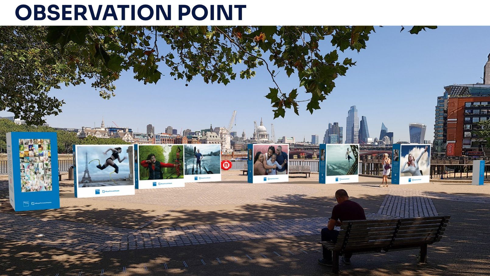 Paralympic plinths with AD Titled 'Observation Point', a man is sitting on a bench with six plinths for the Paralympics showing different activities like running, archery and more.