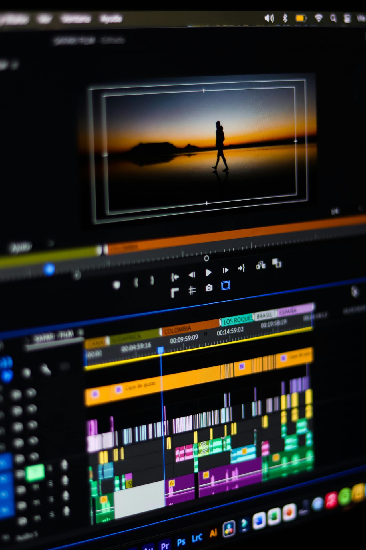 pexels-fukajaz-31718971 Video editing software timeline showing a project with multiple colour-coded tracks. The preview window displays a silhouette walking along a shoreline at sunset, while the editing timeline below contains numerous video, audio, and subtitle layers.