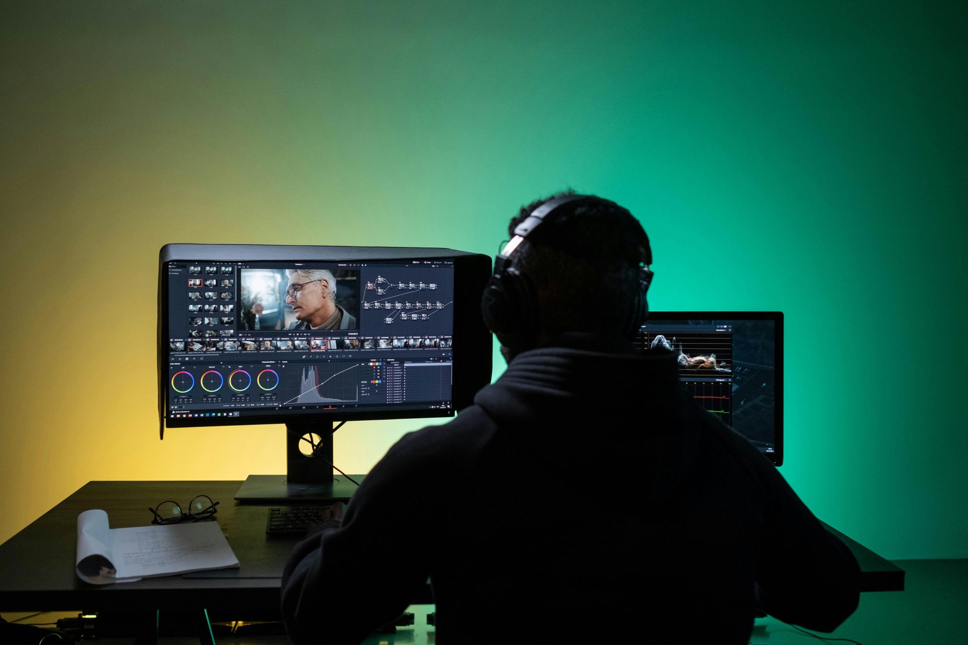 pexels-ron-lach-8102677 A person with headphones on is facing two monitors editing a video